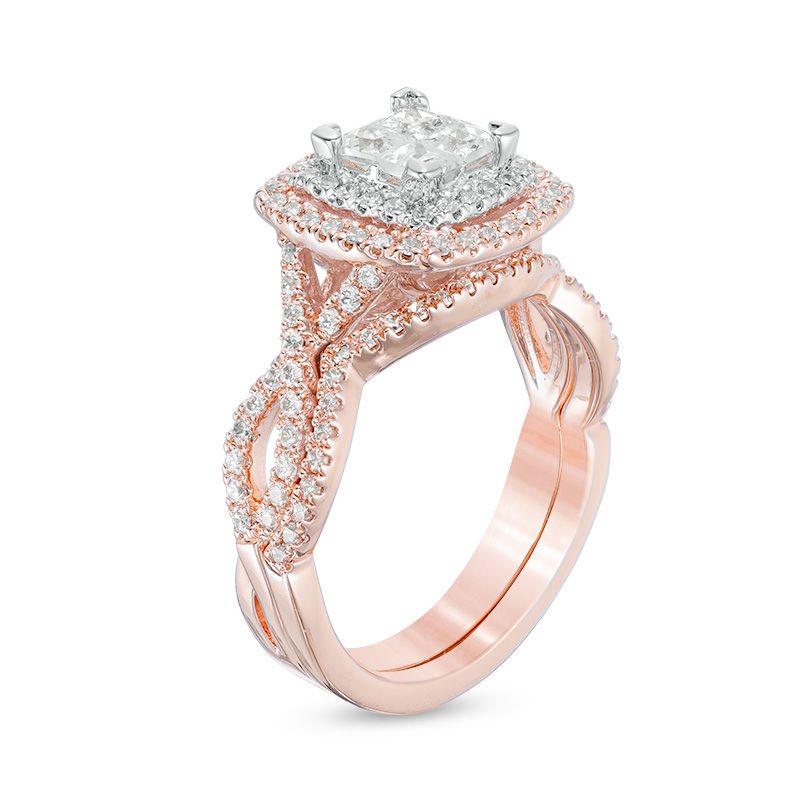 Main Image 2 of 1 CT. T.W. Quad Princess-Cut Diamond Double Frame Twist Bridal Set in 14K Two-Tone Gold