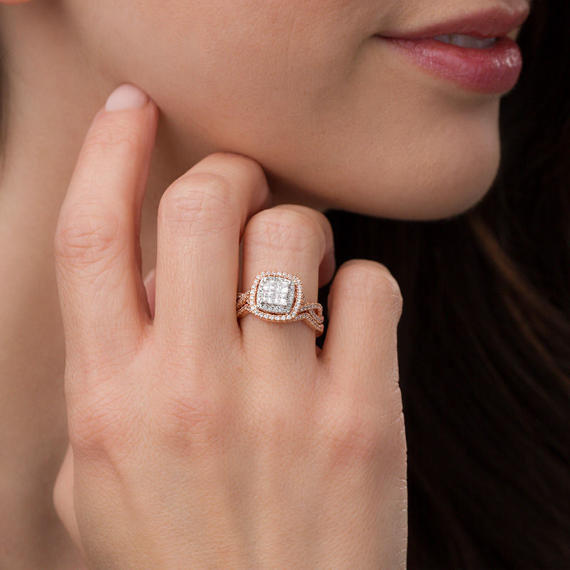 Main Image 3 of 1 CT. T.W. Quad Princess-Cut Diamond Double Frame Twist Bridal Set in 14K Two-Tone Gold