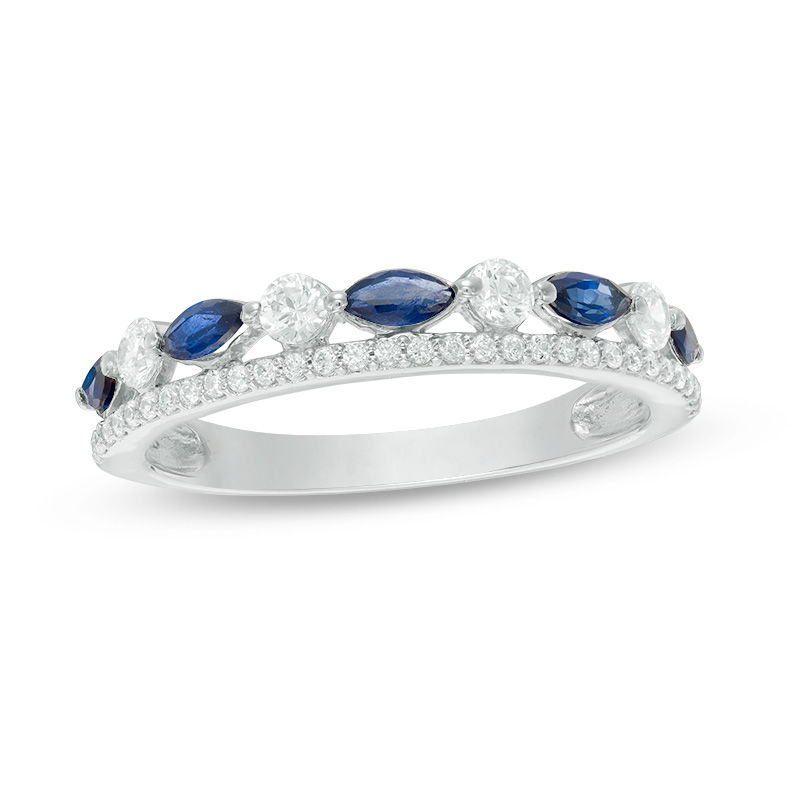Marquise Blue Sapphire and 1/3 CT. T.W. Diamond Double Row Band in 14K White Gold
