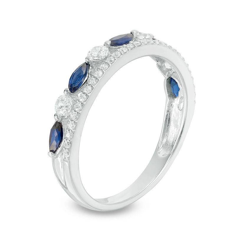 Marquise Blue Sapphire and 1/3 CT. T.W. Diamond Double Row Band in 14K White Gold