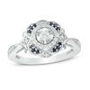 Thumbnail Image 1 of 1/3 CT. T.W. Diamond and Blue Sapphire Flower Frame Vintage-Style Engagement Ring in 10K White Gold