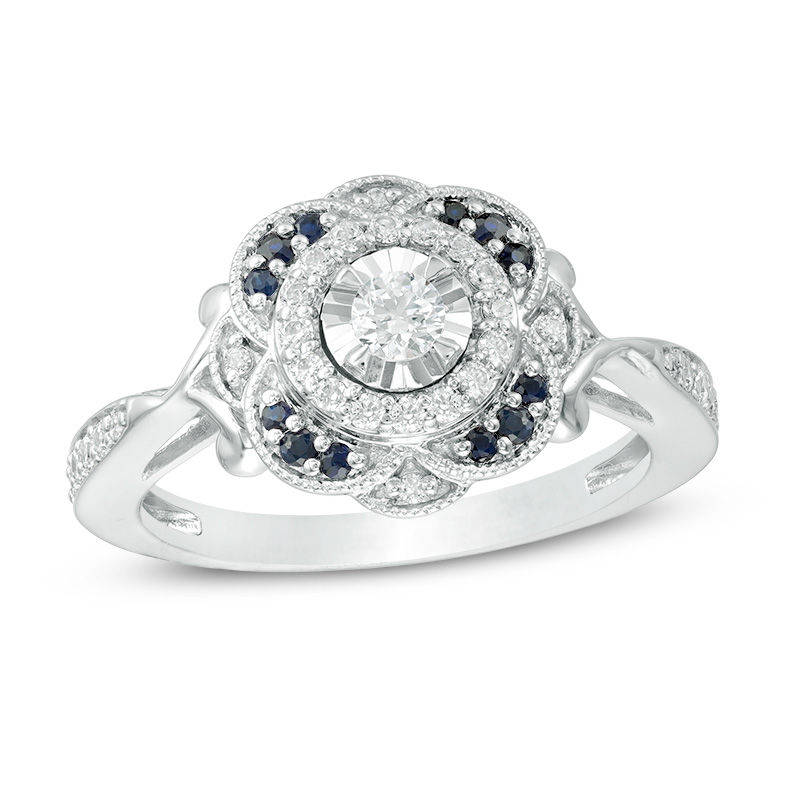 1/3 CT. T.W. Diamond and Blue Sapphire Flower Frame Vintage-Style Engagement Ring in 10K White Gold