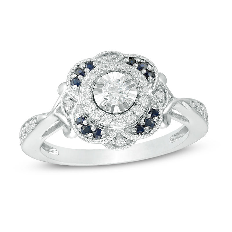 Main Image 1 of 1/3 CT. T.W. Diamond and Blue Sapphire Flower Frame Vintage-Style Engagement Ring in 10K White Gold