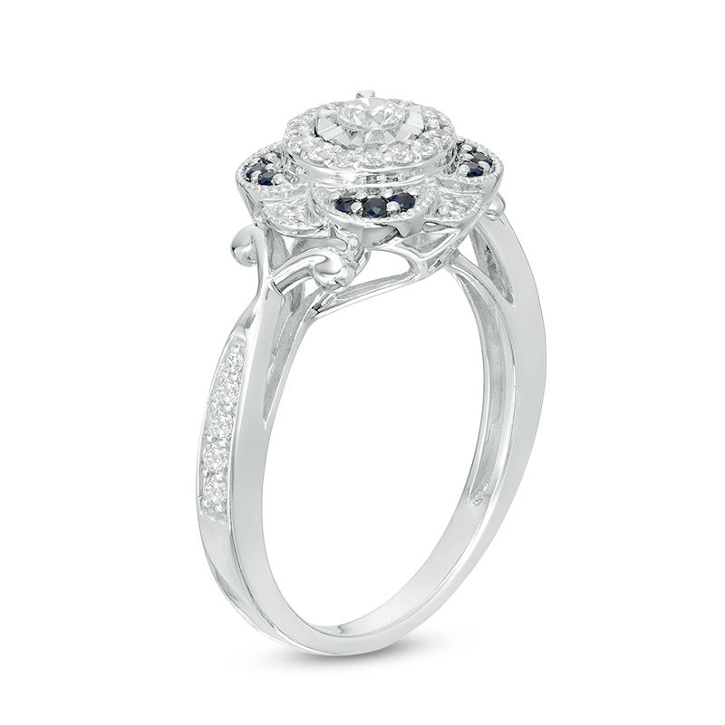 Main Image 2 of 1/3 CT. T.W. Diamond and Blue Sapphire Flower Frame Vintage-Style Engagement Ring in 10K White Gold