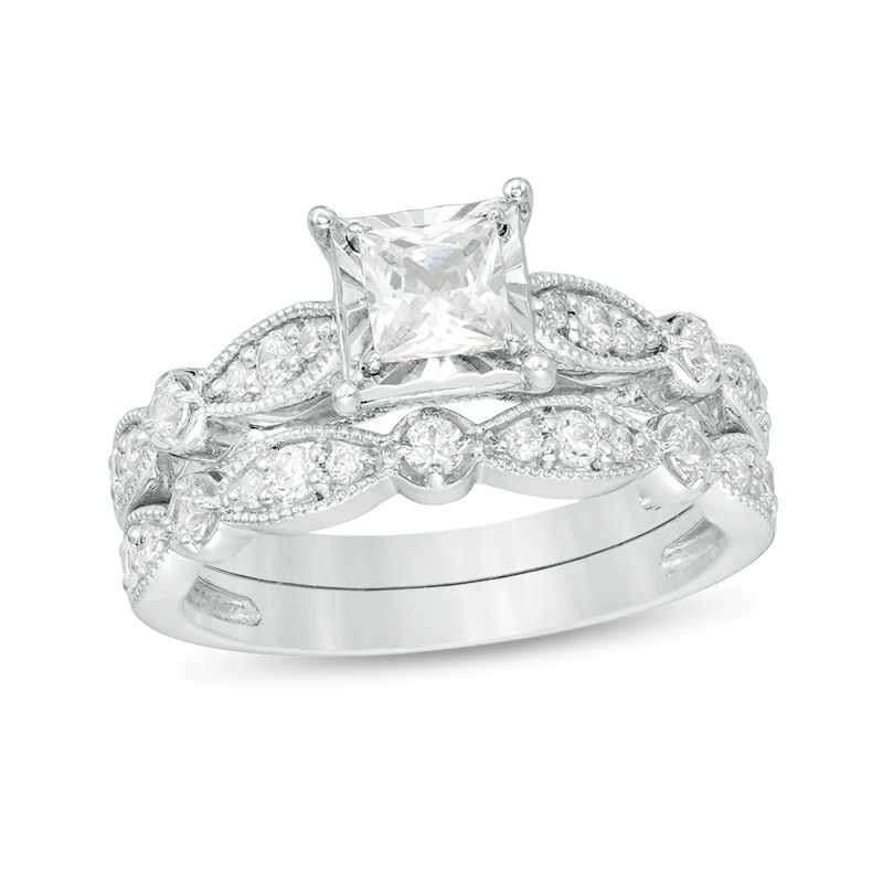 1 CT. T.W. Princess-Cut Diamond Vintage-Style Bridal Set in 14K