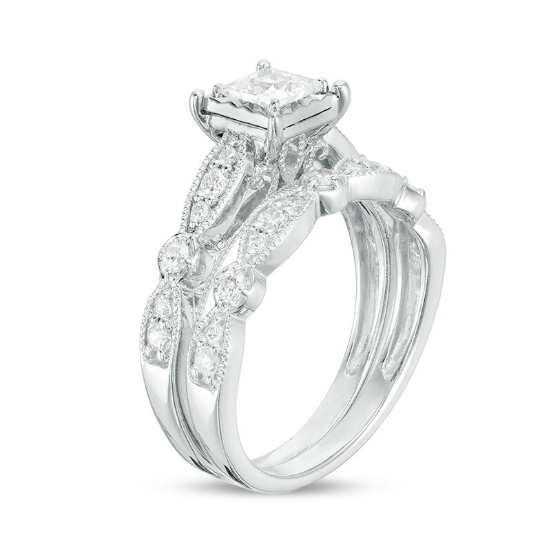 1 CT. T.W. Princess-Cut Diamond Vintage-Style Bridal Set in 14K