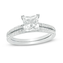 6.0mm Princess-Cut Lab-Created White Sapphire and 1/5 CT. T.W. Diamond Bridal Set in 10K White Gold