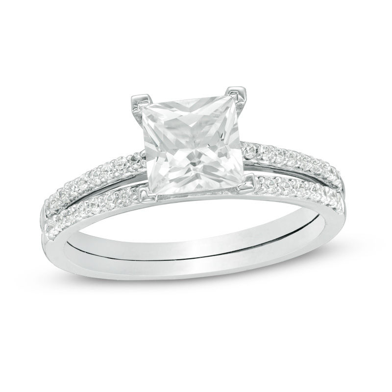 Main Image 1 of 6.0mm Princess-Cut White Lab-Created Sapphire and 1/5 CT. T.W. Diamond Bridal Set in 10K White Gold