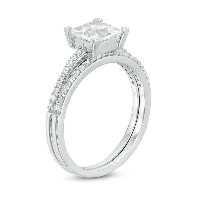 Main Image 2 of 6.0mm Princess-Cut White Lab-Created Sapphire and 1/5 CT. T.W. Diamond Bridal Set in 10K White Gold