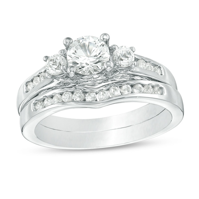 Main Image 1 of 5.4mm Lab-Created White Sapphire Three Stone Bridal Set in 10K White Gold