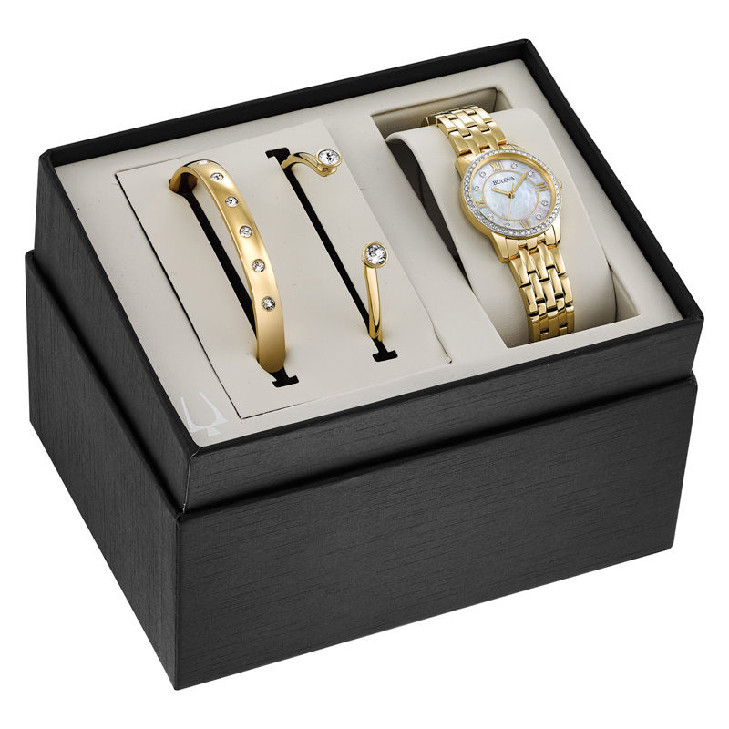 Main Image 1 of Ladies' Exclusive Bulova Crystal Accent Gold-Tone Watch and Bangle Boxed Set (Model: 98X115)