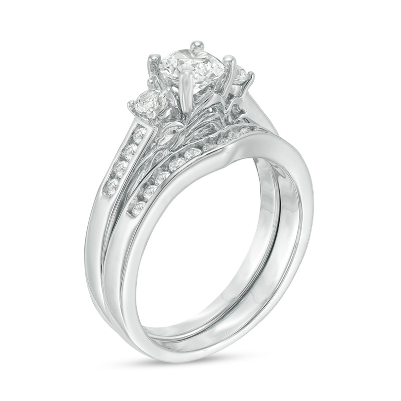 Main Image 2 of 5.4mm Lab-Created White Sapphire Three Stone Bridal Set in 10K White Gold