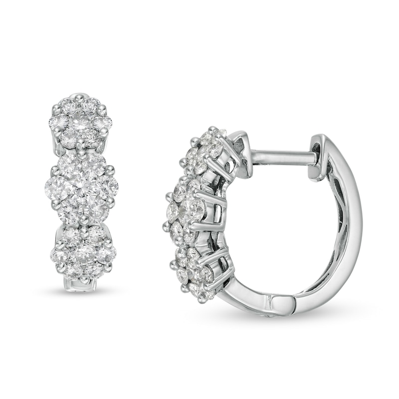 1 CT. T.W. Composite Diamond Three Stone Hoop Earrings in 14K White Gold