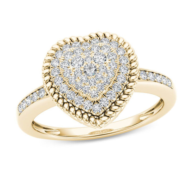 Main Image 1 of 1/4 CT. T.W. Multi-Diamond Heart-Shaped Rope Frame Ring in 10K Gold