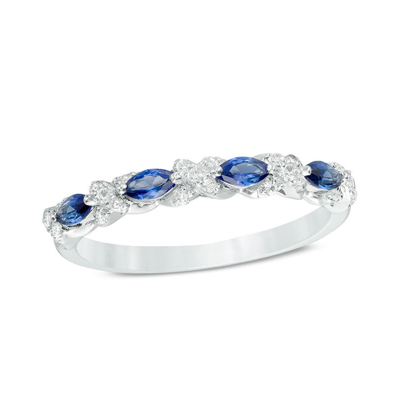 Sideways Marquise Lab-Created Blue and White Sapphire "X" Stackable Band in Sterling Silver