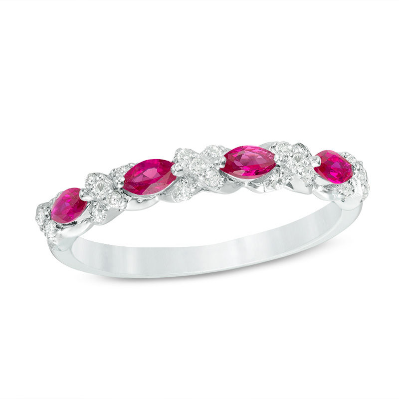 Sideways Marquise Lab-Created Ruby and White Sapphire "X" Stackable Band in Sterling Silver