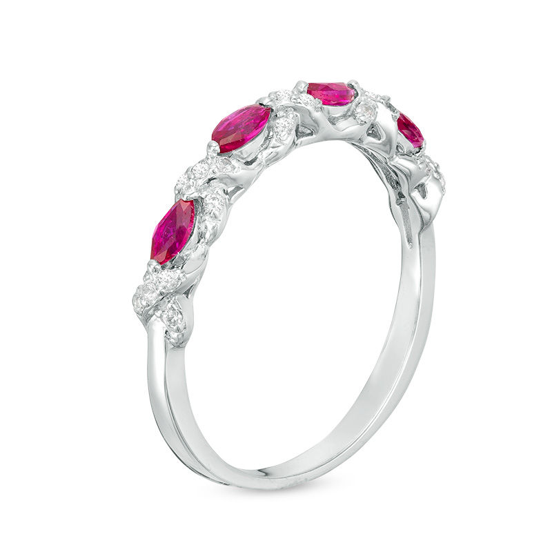 Sideways Marquise Lab-Created Ruby and White Sapphire "X" Stackable Band in Sterling Silver