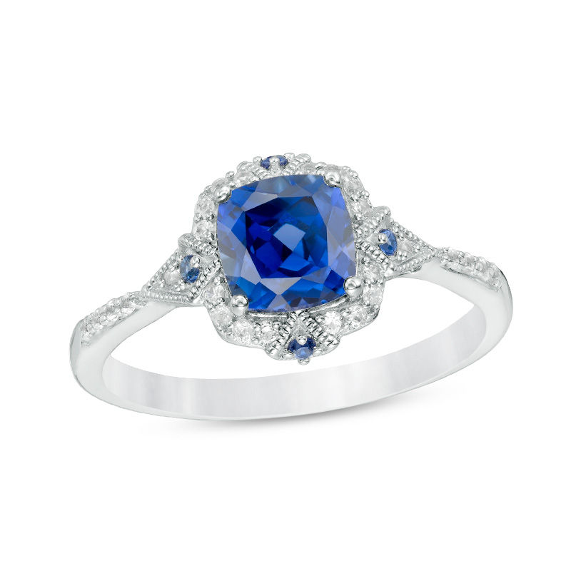Main Image 1 of 6.0mm Cushion-Cut Lab-Created Blue and White Sapphire Vintage-Style Frame Geometric Ring in Sterling Silver