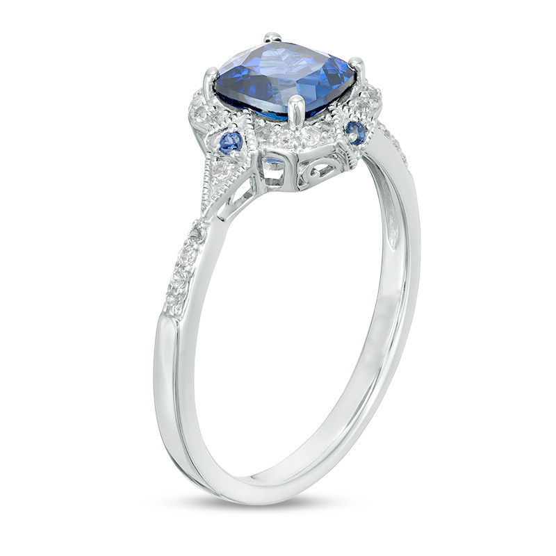 6.0mm Cushion-Cut Lab-Created Blue and White Sapphire Vintage-Style Frame Geometric Ring in Sterling Silver