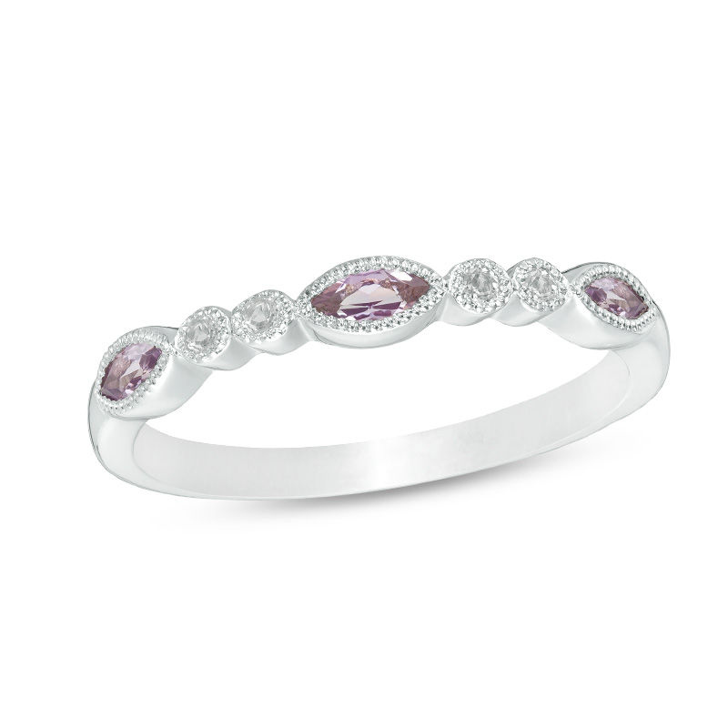 Main Image 1 of Sideways Marquise Rose de France Amethyst and White Topaz Vintage-Style Stackable Band in Sterling Silver