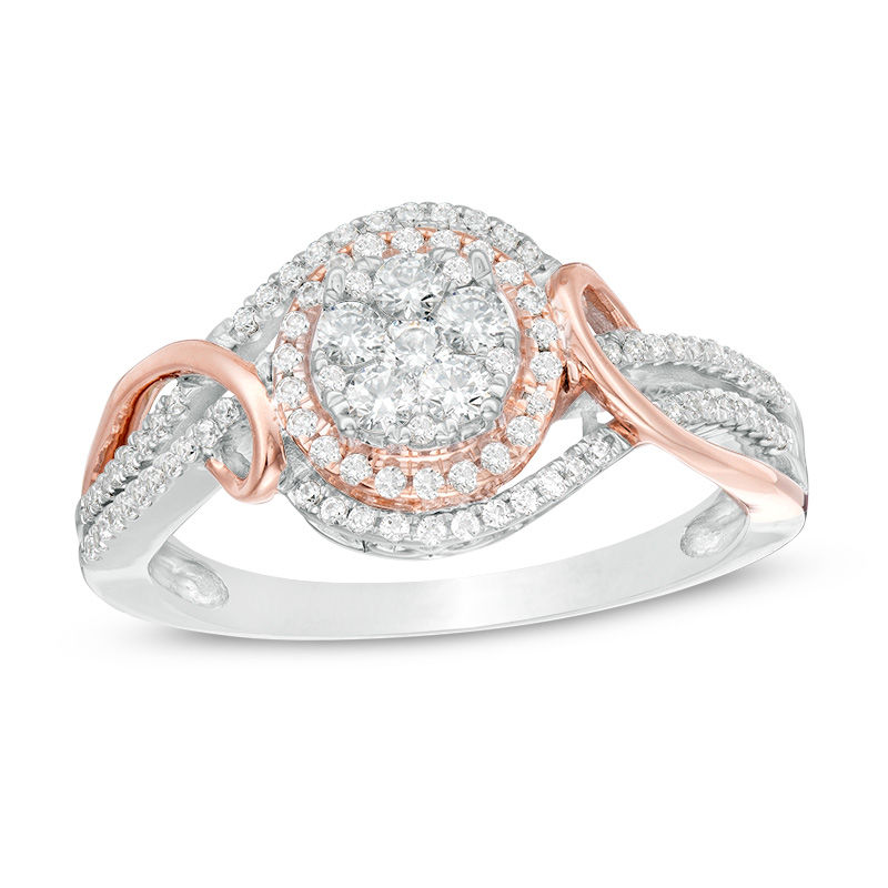 Main Image 1 of 1/2 CT. T.W. Composite Diamond Frame Bypass Swirl Ring in 10K Two-Tone Gold