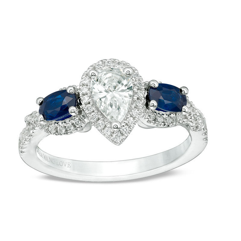 Main Image 1 of Vera Wang Love Collection 3/4 CT. T.W. Pear-Shaped Diamond and Oval Sapphire Three Stone Ring in 14K White Gold