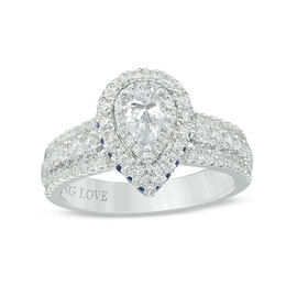 Vera Wang Love Collection 1 CT. T.W. Pear-Shaped Diamond and Sapphire Double Frame Engagement Ring in 14K White Gold