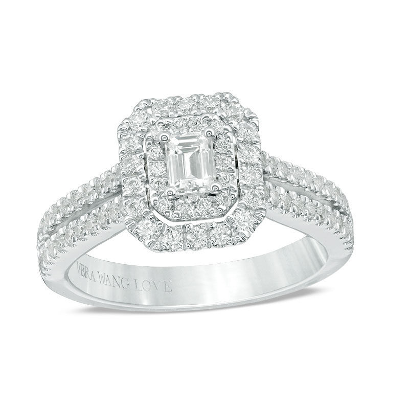 Main Image 1 of Vera Wang Love Collection 1 CT. T.W. Emerald-Cut Diamond Double Frame Engagement Ring in 14K White Gold