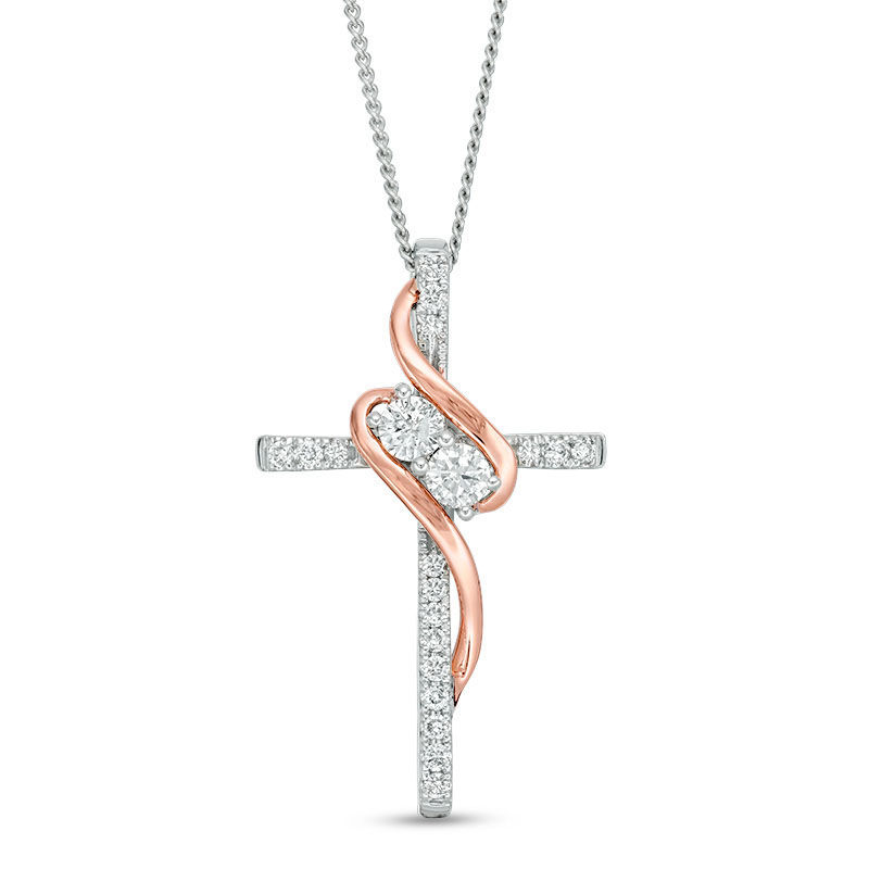Main Image 1 of Ever Us® 1/4 CT. T.W. Diamond Two-Stone Swirl Cross Pendant in 14K Two-Tone Gold - 19"