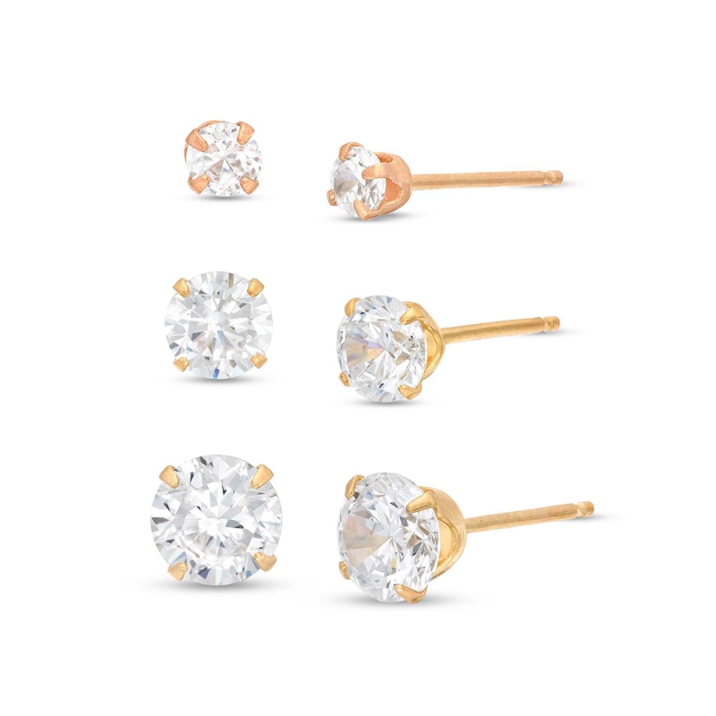 White Lab-Created Sapphire Solitaire Graduated Three Pair Earrings Set in 14K Gold