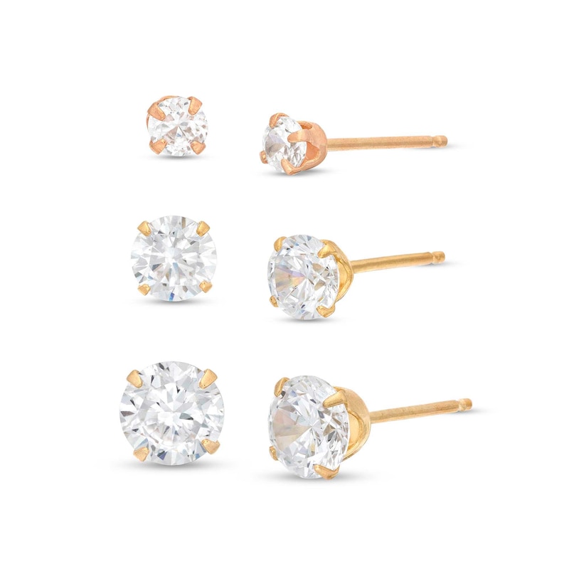 Main Image 1 of White Lab-Created Sapphire Solitaire Graduated Three Pair Earrings Set in 14K Gold