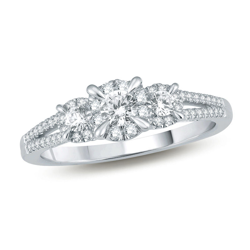 1/4 CT. T.W. Diamond Frame Three Stone Split Shank Promise Ring in 10K White Gold