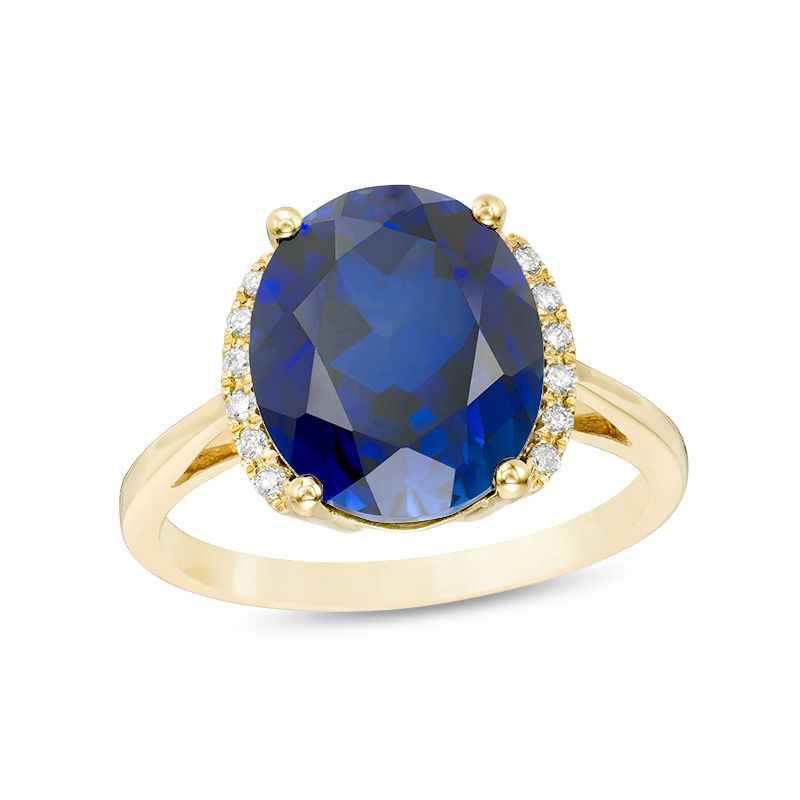 Main Image 1 of Oval Lab-Created Blue Sapphire and 1/20 CT. T.W. Diamond Collared Ring in 10K Gold