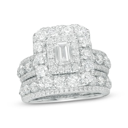 4 CT. T.W. Certified Emerald-Cut Diamond Double Frame Multi-Row Bridal Set in 14K White Gold (I/I1)