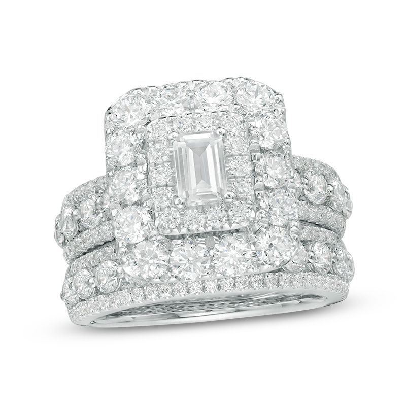 4 CT. T.W. Certified Emerald-Cut Diamond Double Frame Multi-Row Bridal Set  in 14K White Gold (I/I1)