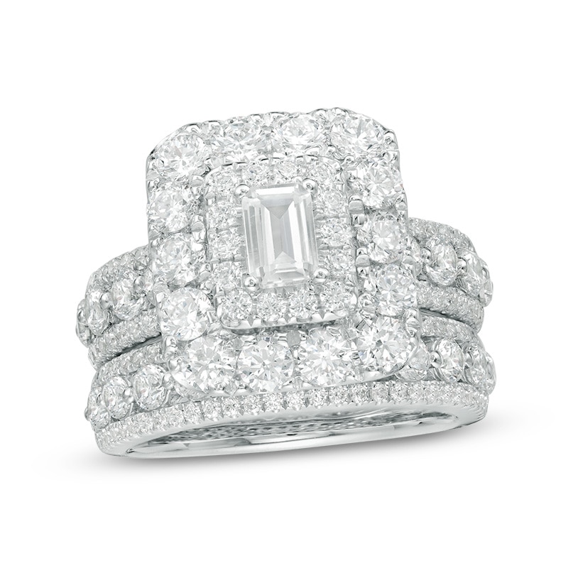 4 CT. T.W. Certified Emerald-Cut Diamond Double Frame Multi-Row Bridal Set in 14K White Gold (I/I1)