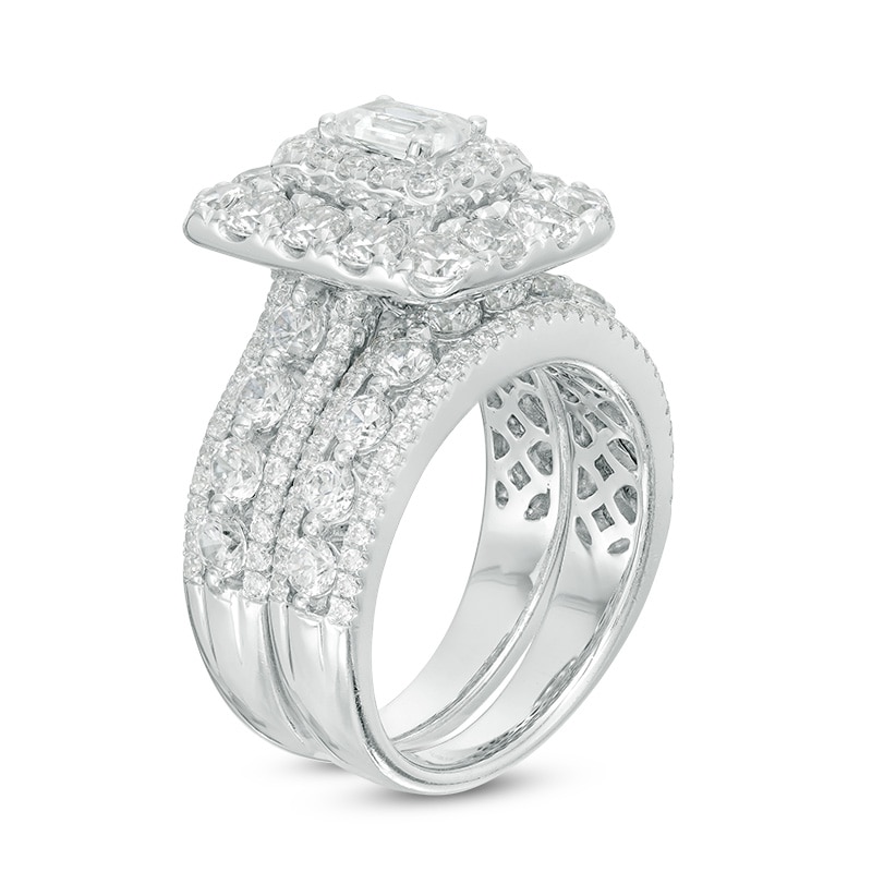 Main Image 2 of 4 CT. T.W. Certified Emerald-Cut Diamond Double Frame Multi-Row Bridal Set in 14K White Gold (I/I1)