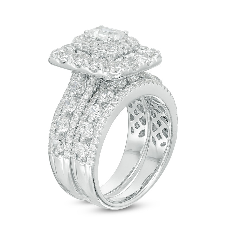 4 CT. T.W. Certified Emerald-Cut Diamond Double Frame Multi-Row Bridal Set in 14K White Gold (I/I1)