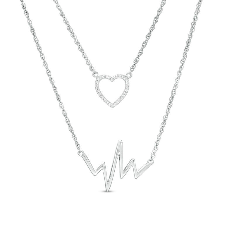 1/10 CT. T.W. Diamond Heart Outline and Heartbeat Double Strand Necklace in Sterling Silver - 17"