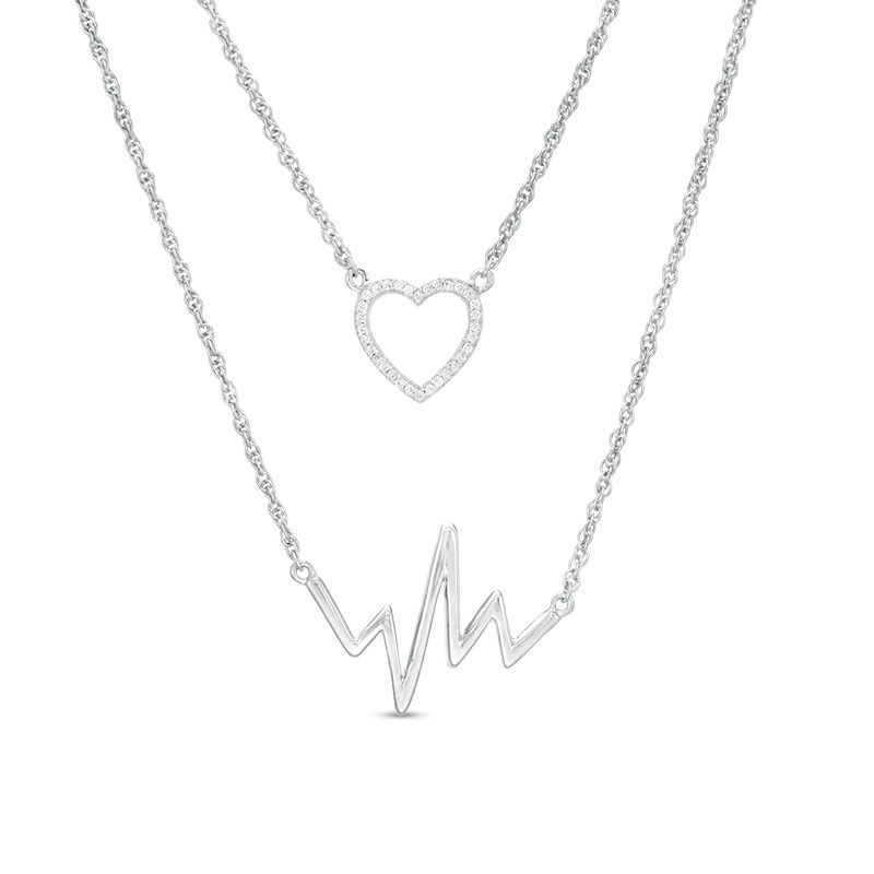 Main Image 1 of 1/10 CT. T.W. Diamond Heart Outline and Heartbeat Double Strand Necklace in Sterling Silver - 17"