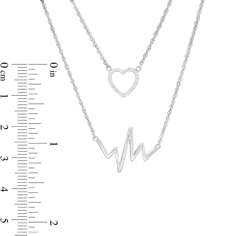 Main Image 2 of 1/10 CT. T.W. Diamond Heart Outline and Heartbeat Double Strand Necklace in Sterling Silver - 17"