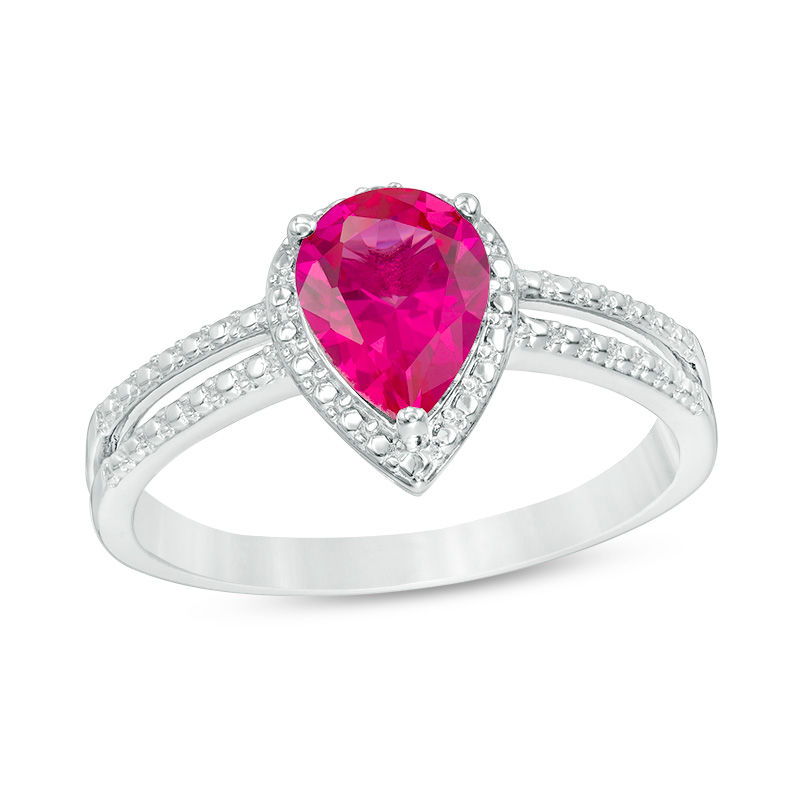 Main Image 1 of Pear-Shaped Lab-Created Ruby and White Sapphire Bead Frame Split Shank Ring in Sterling Silver