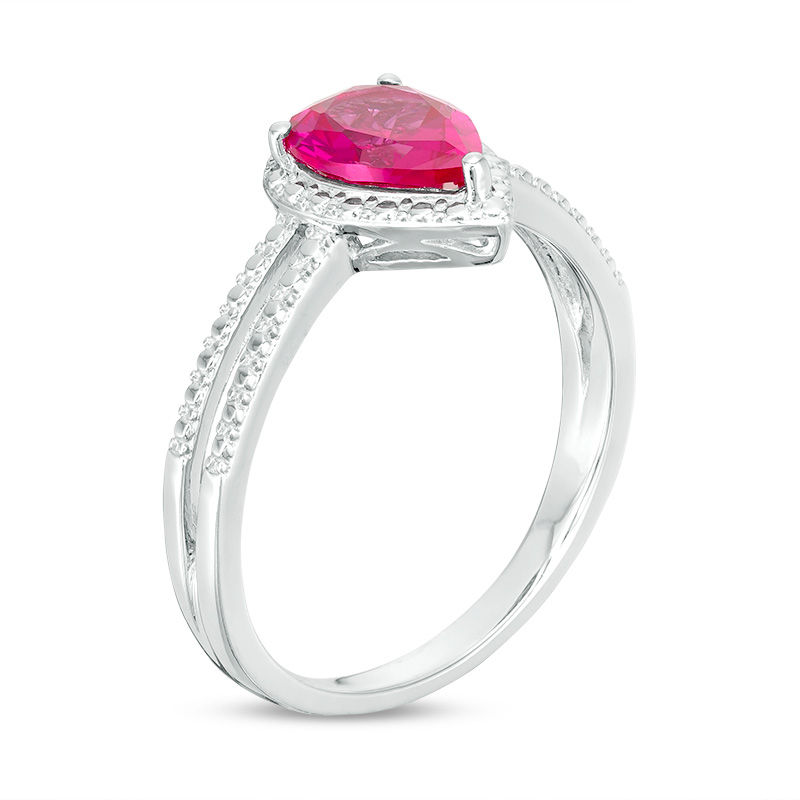 Main Image 2 of Pear-Shaped Lab-Created Ruby and White Sapphire Bead Frame Split Shank Ring in Sterling Silver