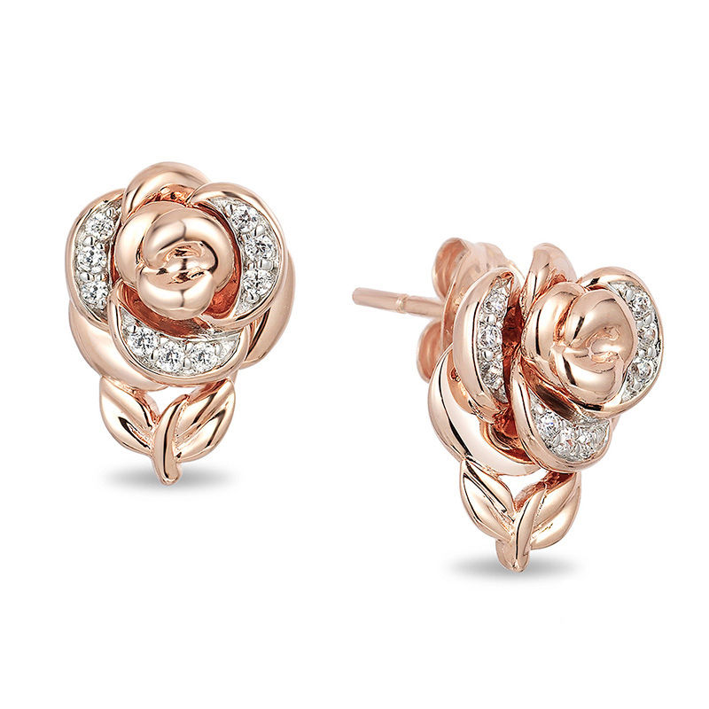 Enchanted Disney Belle 1/15 CT. T.W. Diamond Rose Stud Earrings in 10K Rose Gold