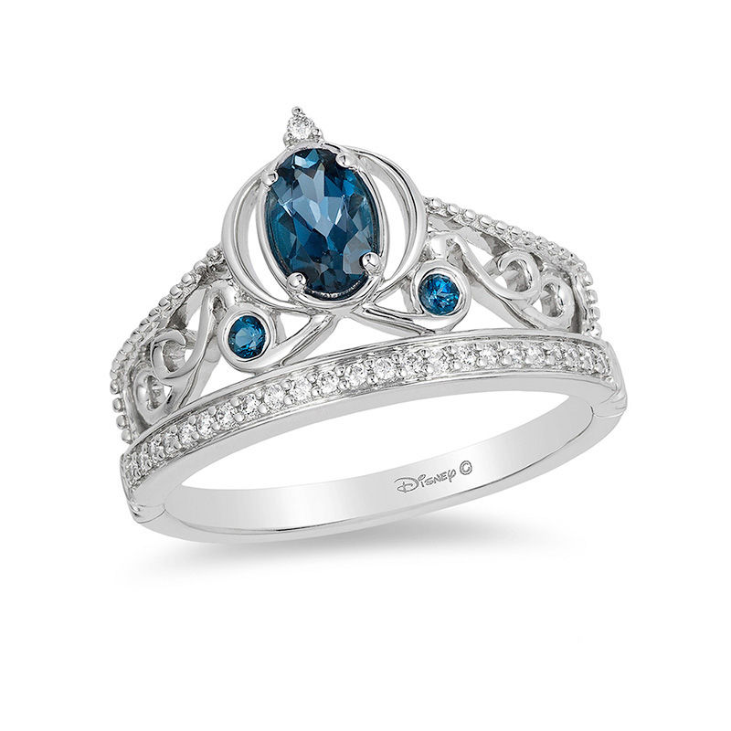 Enchanted Disney Cinderella Oval London Blue Topaz and 1/10 CT. T.W. Diamond Carriage Ring in Sterling Silver - Size 7