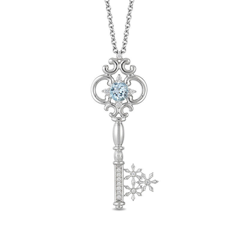 Main Image 1 of Enchanted Disney Elsa 5.0mm Aquamarine and 1/10 CT. T.W. Diamond Key Pendant in Sterling Silver - 19"