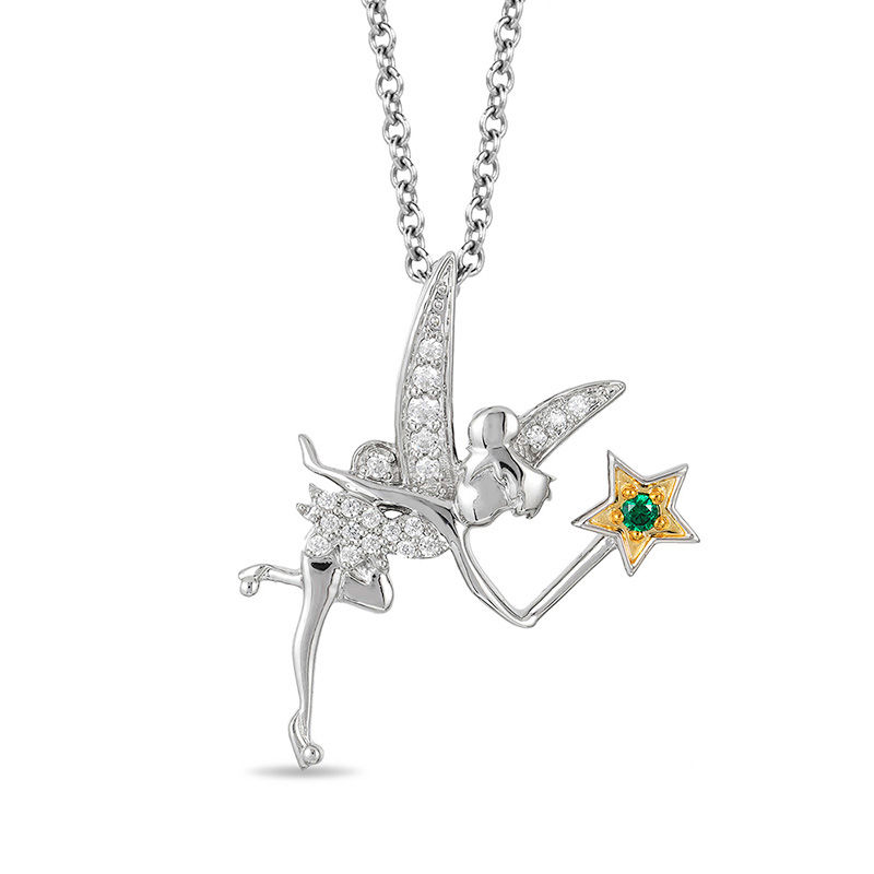 Main Image 1 of Enchanted Disney Tinker Bell Tourmaline and 1/10 CT. T.W. Diamond Pendant in Sterling Silver and 10K Gold Plate - 19"