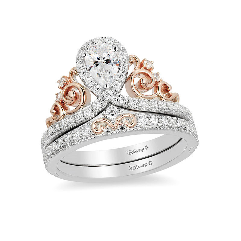 Main Image 1 of Enchanted Disney Princess 7/8 CT. T.W. Pear-Shaped Diamond Frame Tiara Bridal Set in 14K Two-Tone Gold