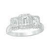 Thumbnail Image 0 of Vera Wang Love Collection 1-1/3 CT. T.W. Emerald-Cut Diamond Three Stone Frame Engagement Ring in 14K White Gold