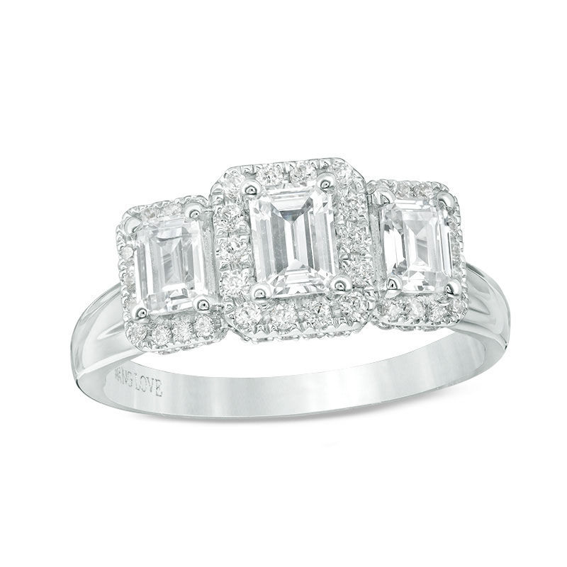 Vera Wang Love Collection 1-1/3 CT. T.W. Emerald-Cut Diamond Three Stone Frame Engagement Ring in 14K White Gold